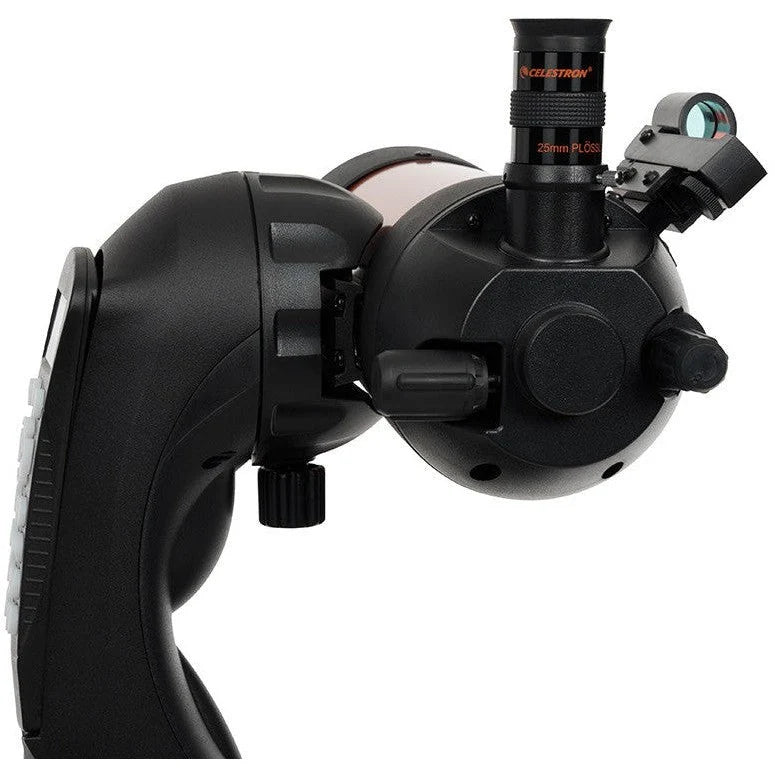 Celestron NexStar 4SE Maksutov Schmidt-Cassegrain computerized telescope with orange tube and mounted finderscope.