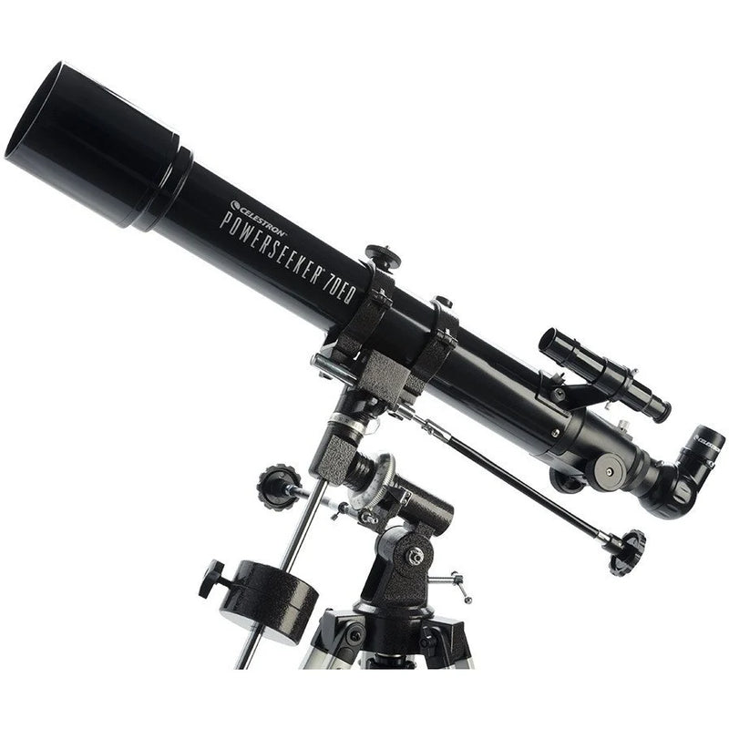Celestron PowerSeeker 70EQ refractor telescope with tripod, optical tube and mount for stargazing and astronomy.