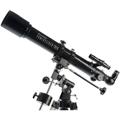 Celestron PowerSeeker 70EQ refractor telescope with tripod, optical tube and mount for stargazing and astronomy.