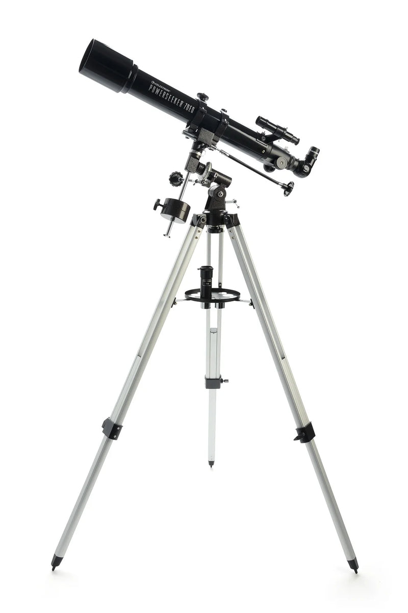 Celestron PowerSeeker 70EQ refractor telescope with adjustable tripod and optical tube for astronomical viewing.