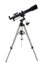 Celestron PowerSeeker 70EQ refractor telescope with tripod, black and silver design, showing optical tube and mount.
