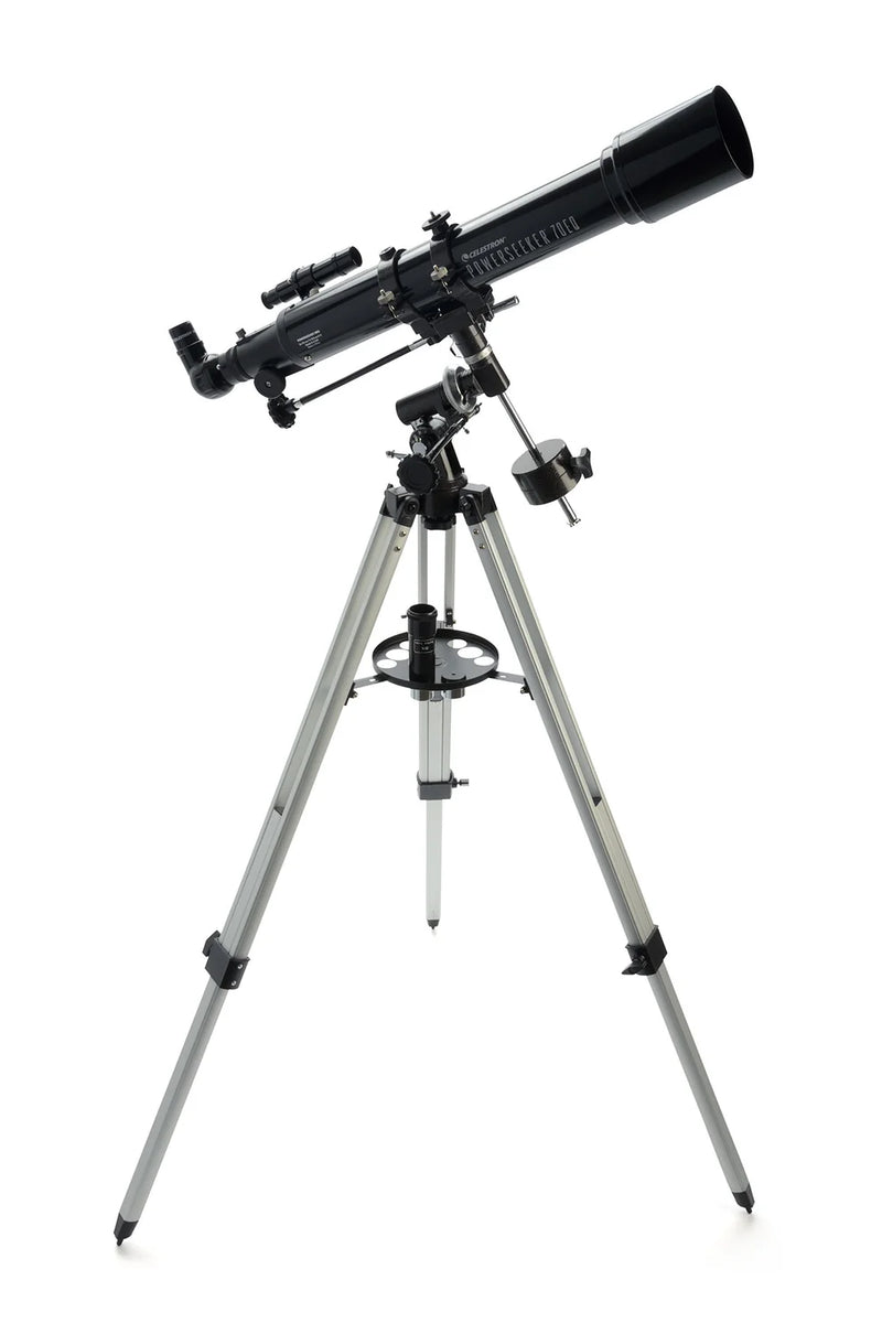 Celestron PowerSeeker 70EQ refractor telescope with tripod, black and silver design, showing optical tube and mount.