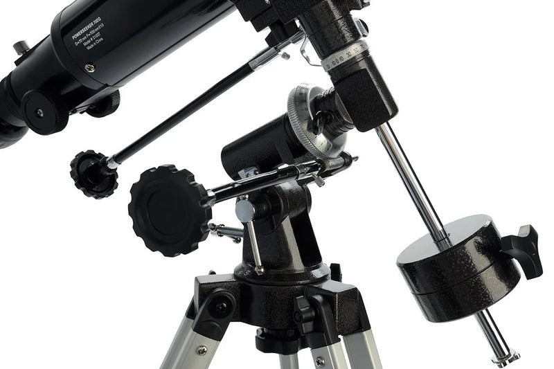 Celestron PowerSeeker 70EQ refractor telescope with tripod, compact optical instrument for beginner astronomy viewing.