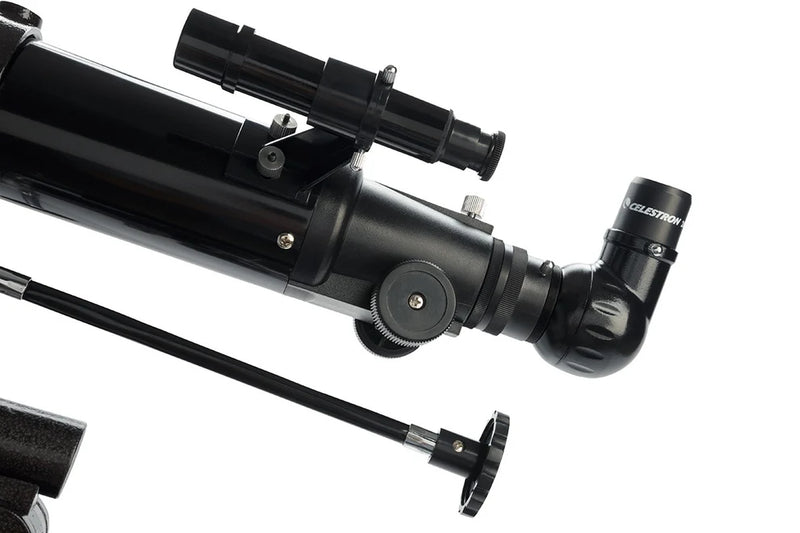 Celestron PowerSeeker 70EQ refractor telescope with tripod, featuring optical tube and mounting for astronomical viewing.