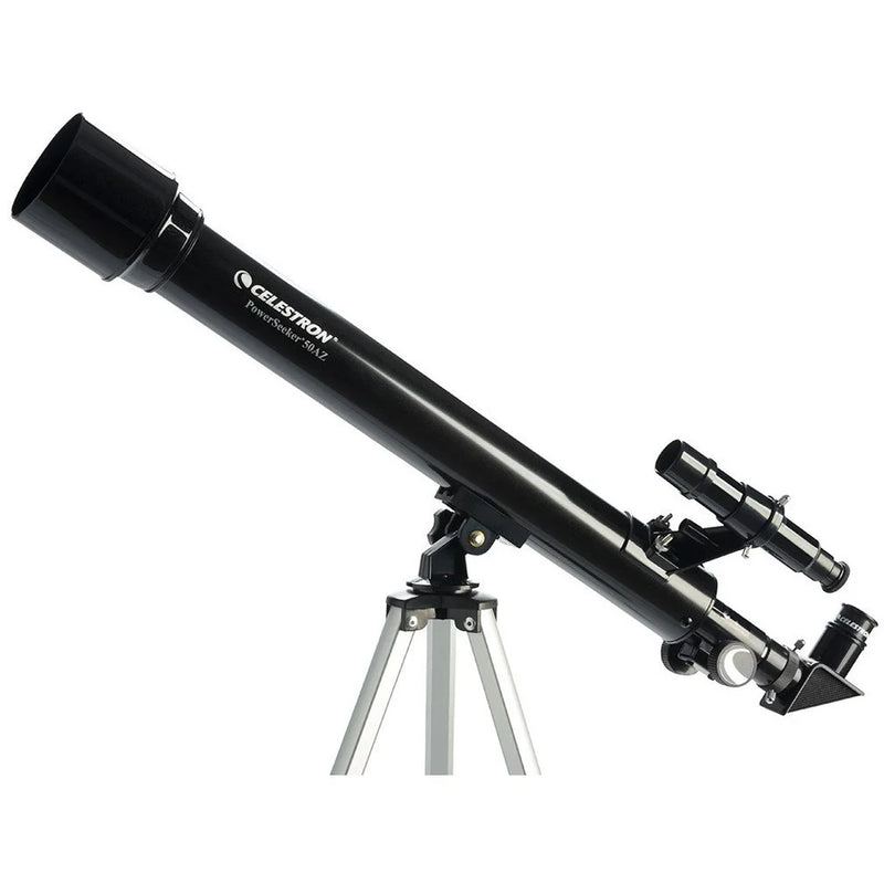 Celestron PowerSeeker 50AZ refractor telescope with adjustable tripod and optical tube for beginner astronomy viewing