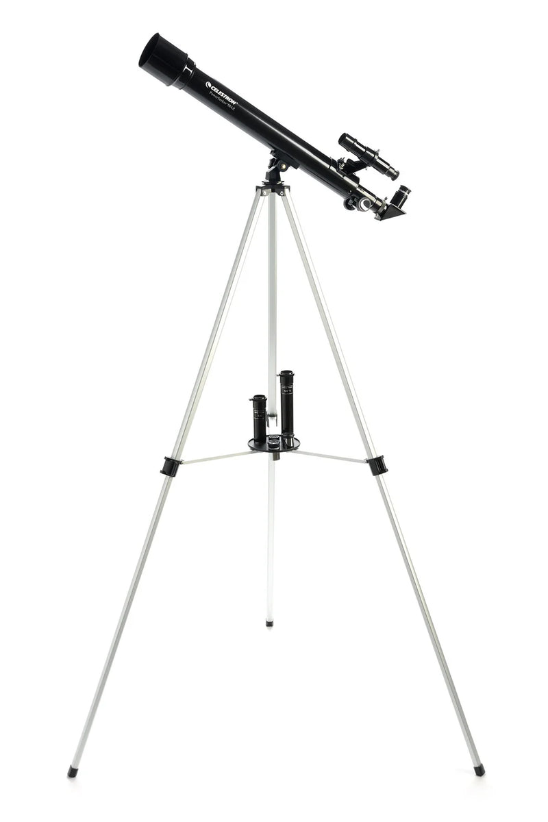 Celestron PowerSeeker 50AZ refractor telescope set up on a tripod, ready for stargazing and astronomical observations.