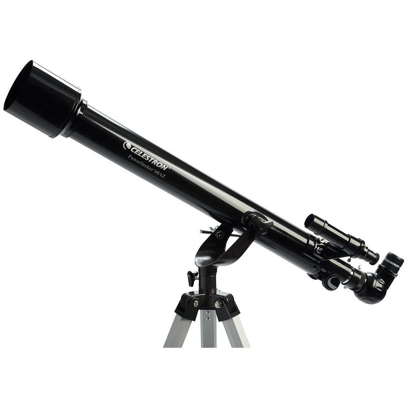 Celestron PowerSeeker 60AZ refractor telescope with 60mm aperture and altazimuth mount, ideal for beginner stargazing.