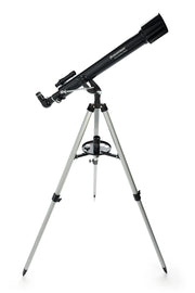 Celestron PowerSeeker 60AZ refractor telescope set up outdoors, showing the telescope with tripod and optical tube for stargazing.