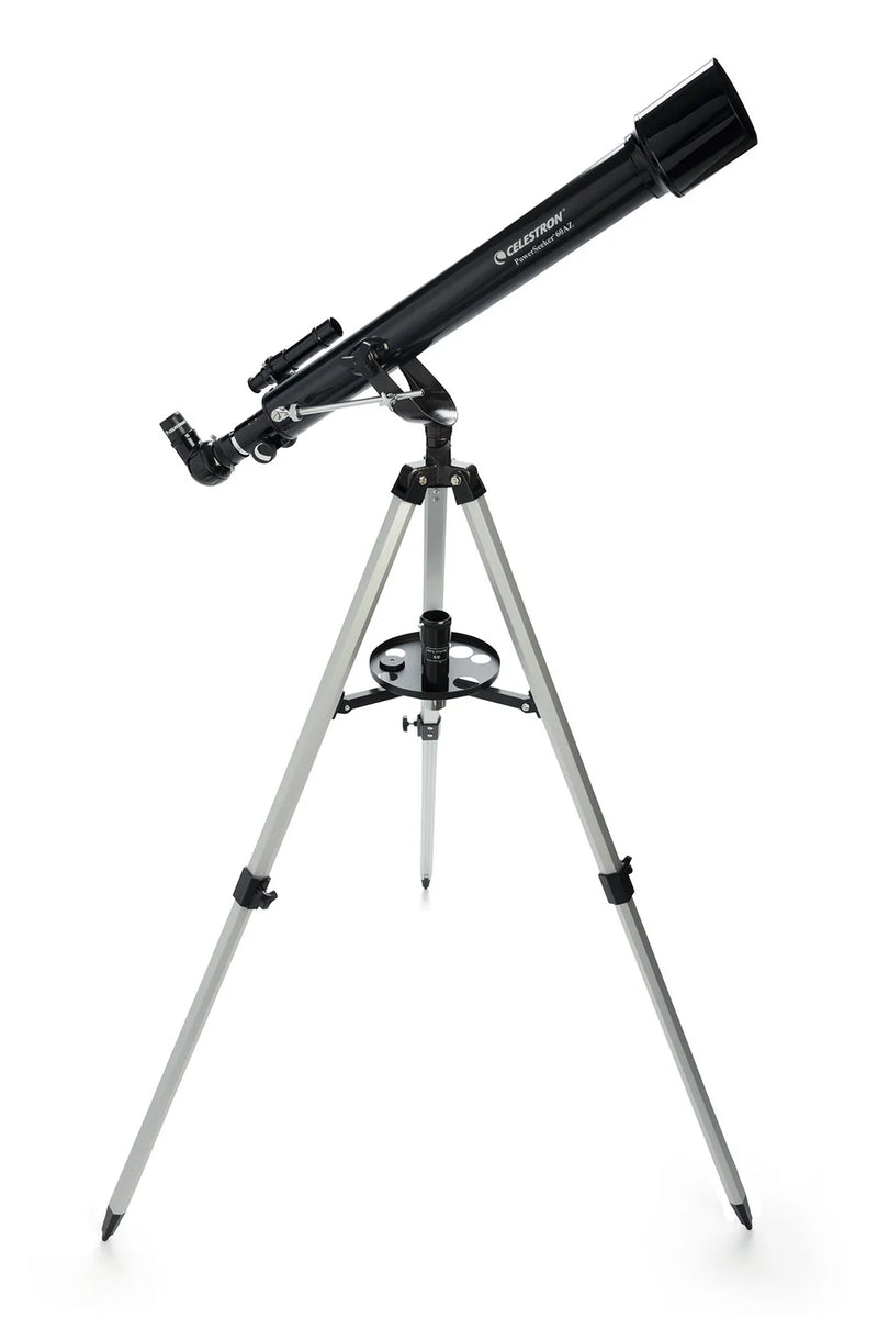 Celestron PowerSeeker 60AZ refractor telescope set up outdoors, showing the telescope with tripod and optical tube for stargazing.