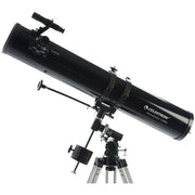 Celestron PowerSeeker 114EQ Newtonian telescope with tripod, optical tube, and mounted eyepiece, designed for astronomy viewing.