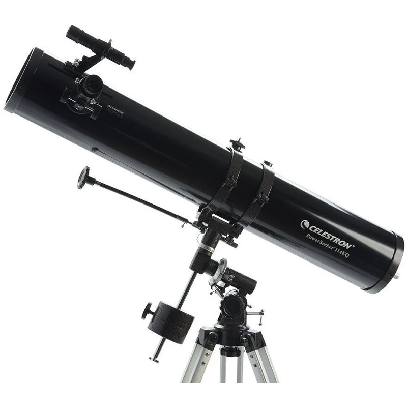Celestron PowerSeeker 114EQ Newtonian telescope with tripod, optical tube, and mounted eyepiece, designed for astronomy viewing.