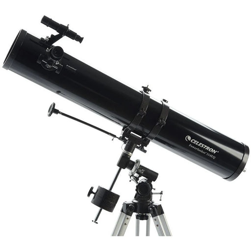 Celestron PowerSeeker 114EQ Newtonian telescope with tripod, optical tube, and mounted eyepiece, designed for astronomy viewing.