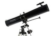 Celestron PowerSeeker 114EQ Newtonian telescope with sturdy mount and optical tube, ideal for beginner astronomy enthusiasts.