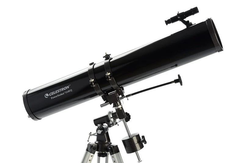 Celestron PowerSeeker 114EQ Newtonian telescope with sturdy mount and optical tube, ideal for beginner astronomy enthusiasts.