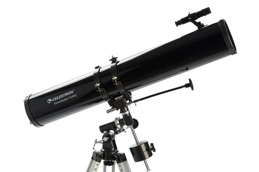 Celestron PowerSeeker 114EQ Newtonian telescope with sturdy mount and optical tube, ideal for beginner astronomy enthusiasts.