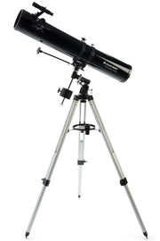 Celestron PowerSeeker 114EQ Newtonian telescope with tripod, optical tube, and mount for stargazing and astronomical observation.