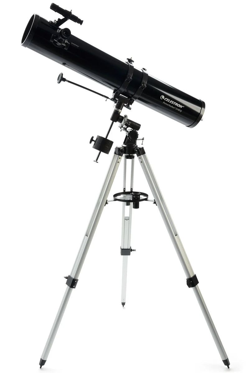 Celestron PowerSeeker 114EQ Newtonian telescope with tripod, optical tube, and mount for stargazing and astronomical observation.