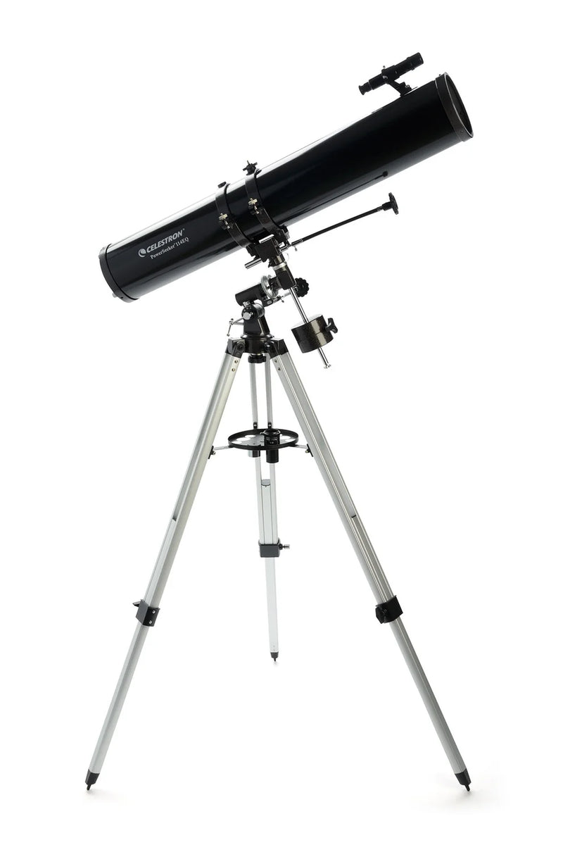 Celestron PowerSeeker 114EQ Newtonian telescope with equatorial mount and optical tube, ideal for astronomy enthusiasts.