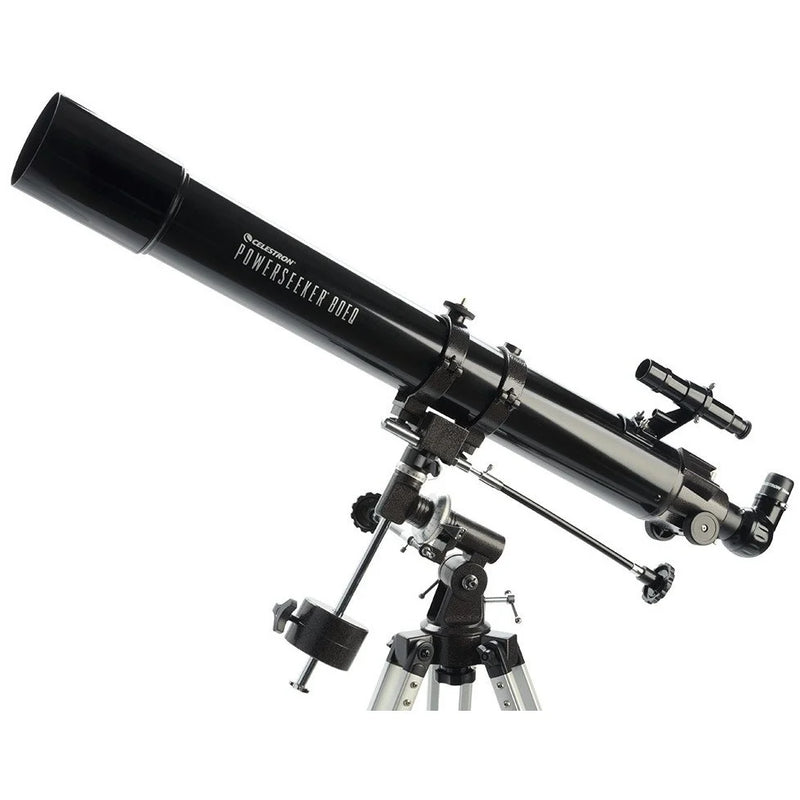 Celestron PowerSeeker 80EQ refractor telescope with sturdy mount and optical tubes, ideal for beginner astronomy viewing.