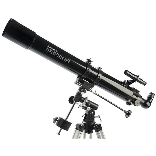 Celestron PowerSeeker 80EQ refractor telescope with sturdy mount and optical tubes, ideal for beginner astronomy viewing.
