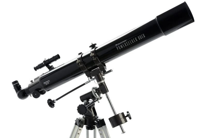 Celestron PowerSeeker 80EQ refractor telescope set up outdoors with tripod and optical tube for astronomical viewing.