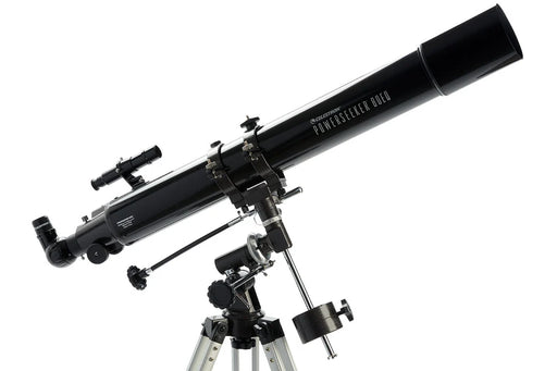 Celestron PowerSeeker 80EQ refractor telescope set up outdoors with tripod and optical tube for astronomical viewing.