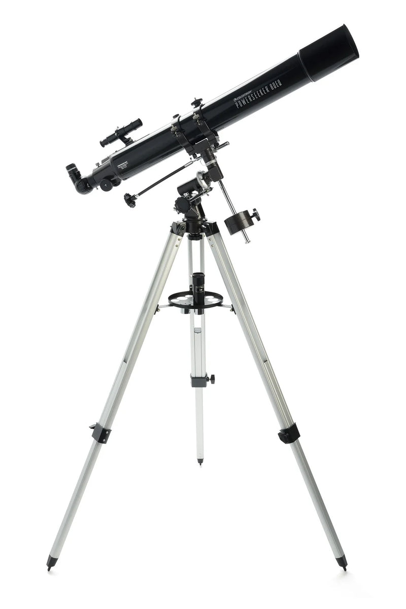Celestron PowerSeeker 80EQ refractor telescope with adjustable tripod for stargazing and celestial observation.