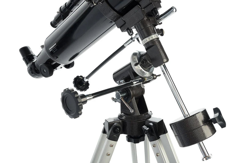 Celestron PowerSeeker 80EQ refractor telescope with tripod, designed for stargazing and astronomical viewing.