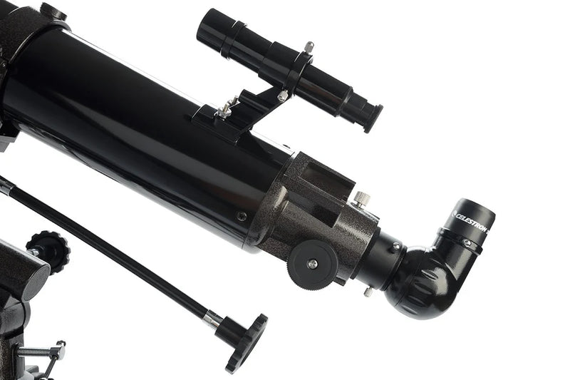 Celestron PowerSeeker 80EQ refractor telescope with adjustable tripod and optical tube for astronomy observation.