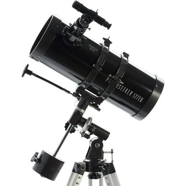 Celestron PowerSeeker 127EQ Newtonian reflector telescope with metal tripod and optical tube for astronomical viewing.