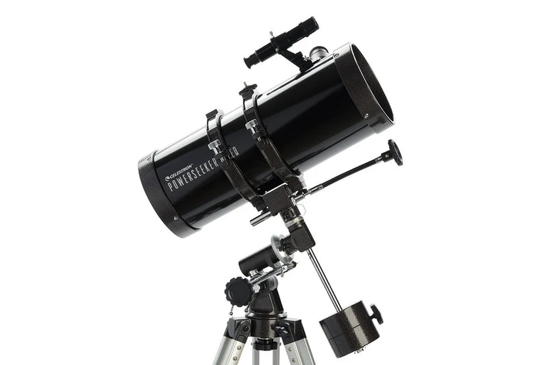 Celestron PowerSeeker 127EQ Newtonian reflector telescope with tripod and mount, ready for stargazing and astronomical observations.