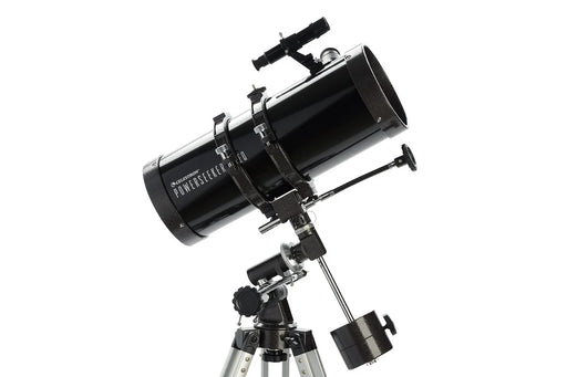 Celestron PowerSeeker 127EQ Newtonian reflector telescope with tripod and mount, ready for stargazing and astronomical observations.
