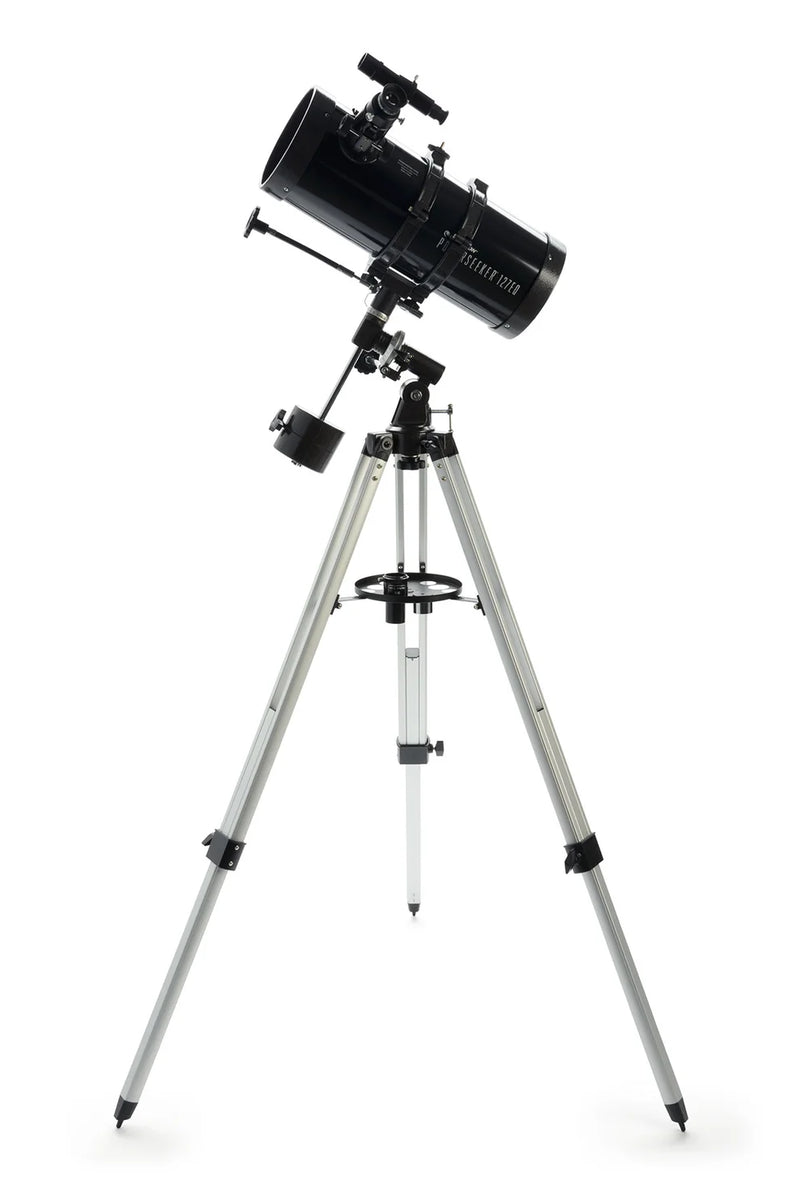 Celestron PowerSeeker 127EQ Newtonian reflector telescope with tripod and mount, ready for astronomical viewing.