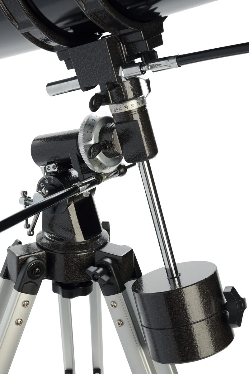Celestron PowerSeeker 127EQ Newtonian reflector telescope with equatorial mount and optical tube for astronomy observation.