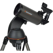 Celestron NexStar 90 SLT Maksutov computerized telescope with Schmidt-Cassegrain optics, mounted on tripod for stargazing.