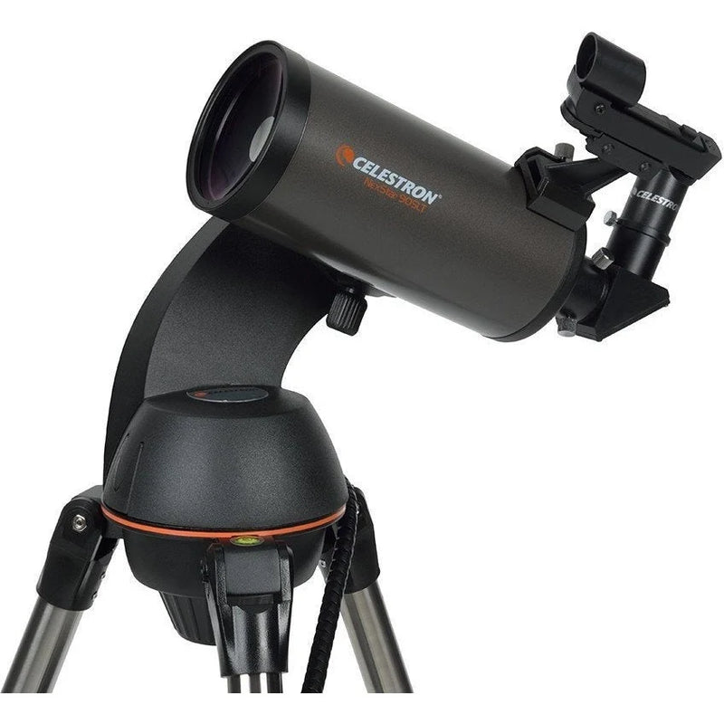 Celestron NexStar 90 SLT Maksutov computerized telescope with Schmidt-Cassegrain optics, mounted on tripod for stargazing.