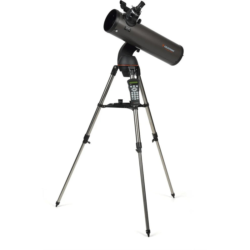 Celestron NexStar 130 SLT Newtonian computerized telescope with Schmidt-Cassegrain optics, mounted on a tripod for astrophotography.