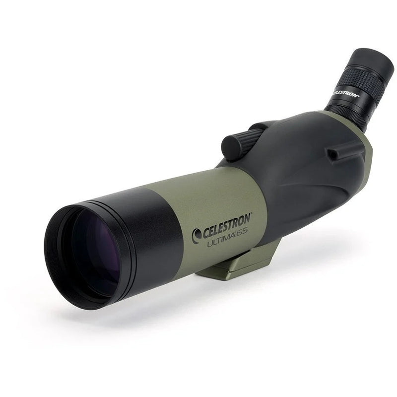 Celestron Ultima 65 45-degree spotting scope with adjustable eyepiece and sturdy tripod for birdwatching and nature observation.