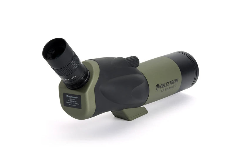 Celestron Ultima 65 45-degree spotting scope with adjustable eyepiece and sturdy tripod for outdoor birdwatching and nature observation.