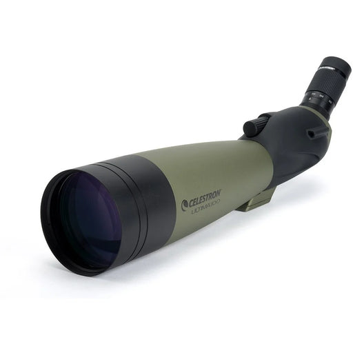 Celestron Ultima 100 45-degree zoom spotting scope with adjustable eyepiece and sturdy tripod for birdwatching and nature viewing.