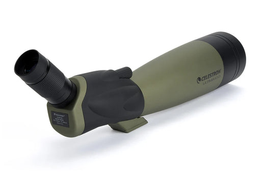 Celestron Ultima 100 45-degree zoom spotting scope with adjustable eyepiece and sturdy tripod for outdoor birdwatching and nature observation.