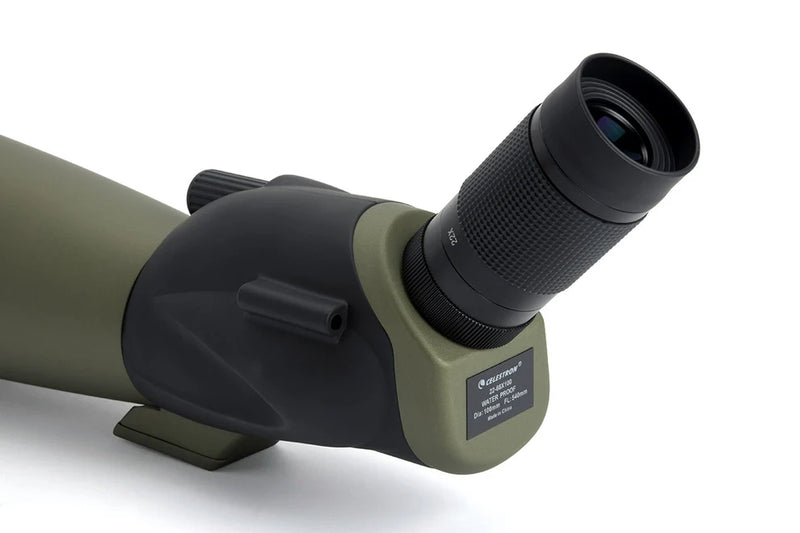 Celestron Ultima 100 45-degree zoom spotting scope with adjustable eyepiece and sturdy tripod for nature observation.