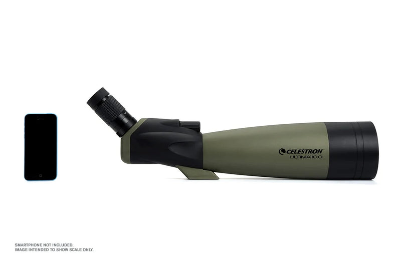 Celestron Ultima 100 45-degree zoom spotting scope with adjustable eyepiece and sturdy tripod for nature observation.