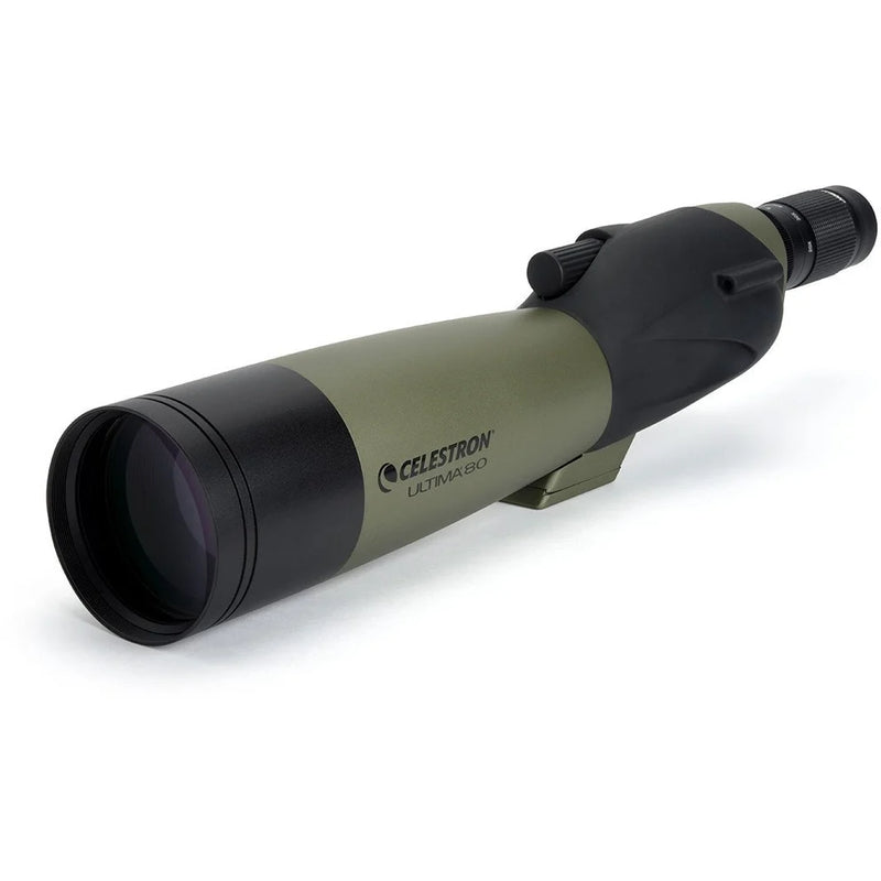 Celestron Ultima 80 straight zoom spotting scope with adjustable eyepiece and sturdy tripod for wildlife and nature viewing.