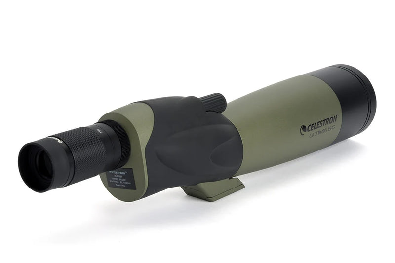 Celestron Ultima 80 straight zoom spotting scope with adjustable eyepiece and durable body for outdoor birdwatching and nature viewing.