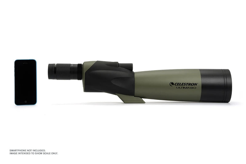 Celestron Ultima 80 straight zoom spotting scope with adjustable eyepiece and sturdy tripod for outdoor birdwatching and nature viewing.