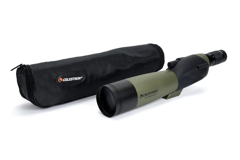Celestron Ultima 80 Straight Zoom Spotting Scope with adjustable eyepiece and sturdy tripod for birdwatching and nature observation.