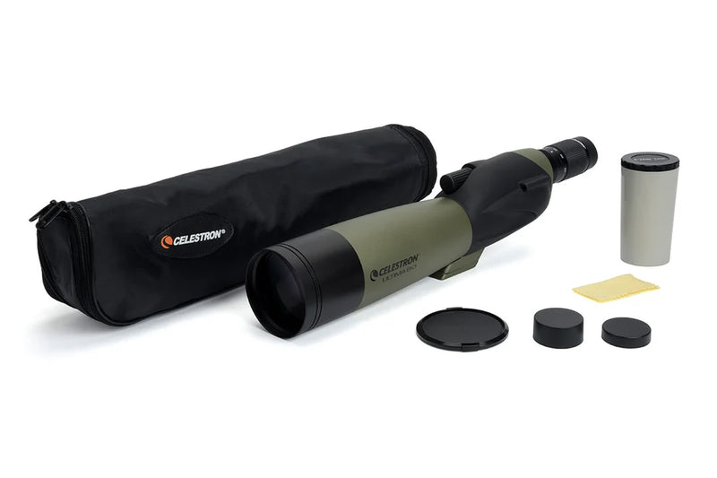 Celestron Ultima 80 straight zoom spotting scope with adjustable eyepiece and sturdy tripod for outdoor birdwatching and nature viewing.