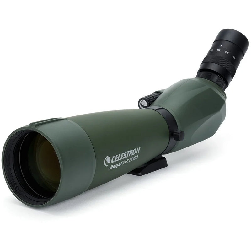 Celestron Regal M2 80 ED spotting scope with zoom eyepiece, compact design, and adjustable focus for birdwatching and nature viewing.