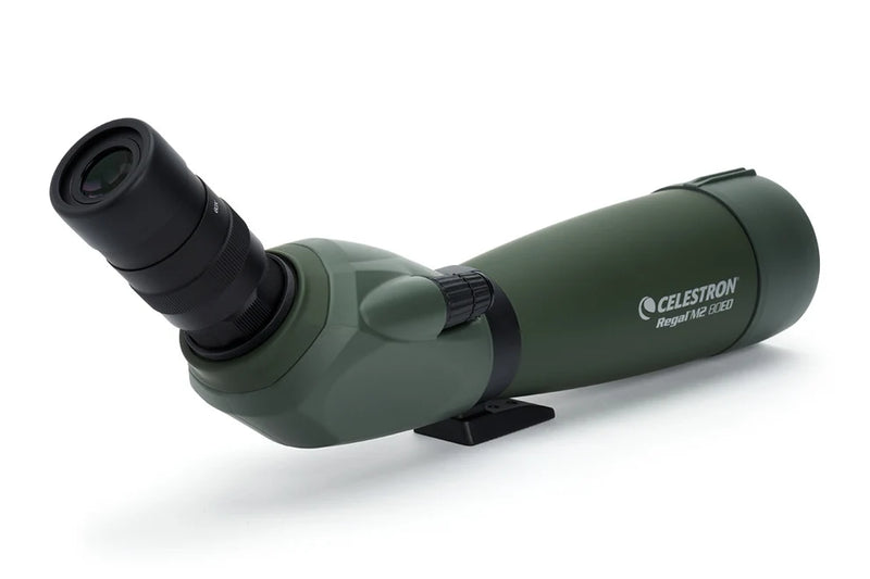 Celestron Regal M2 80 ED Zoom Spotting Scope with adjustable eyepiece and sleek black body, suitable for nature and birdwatching.